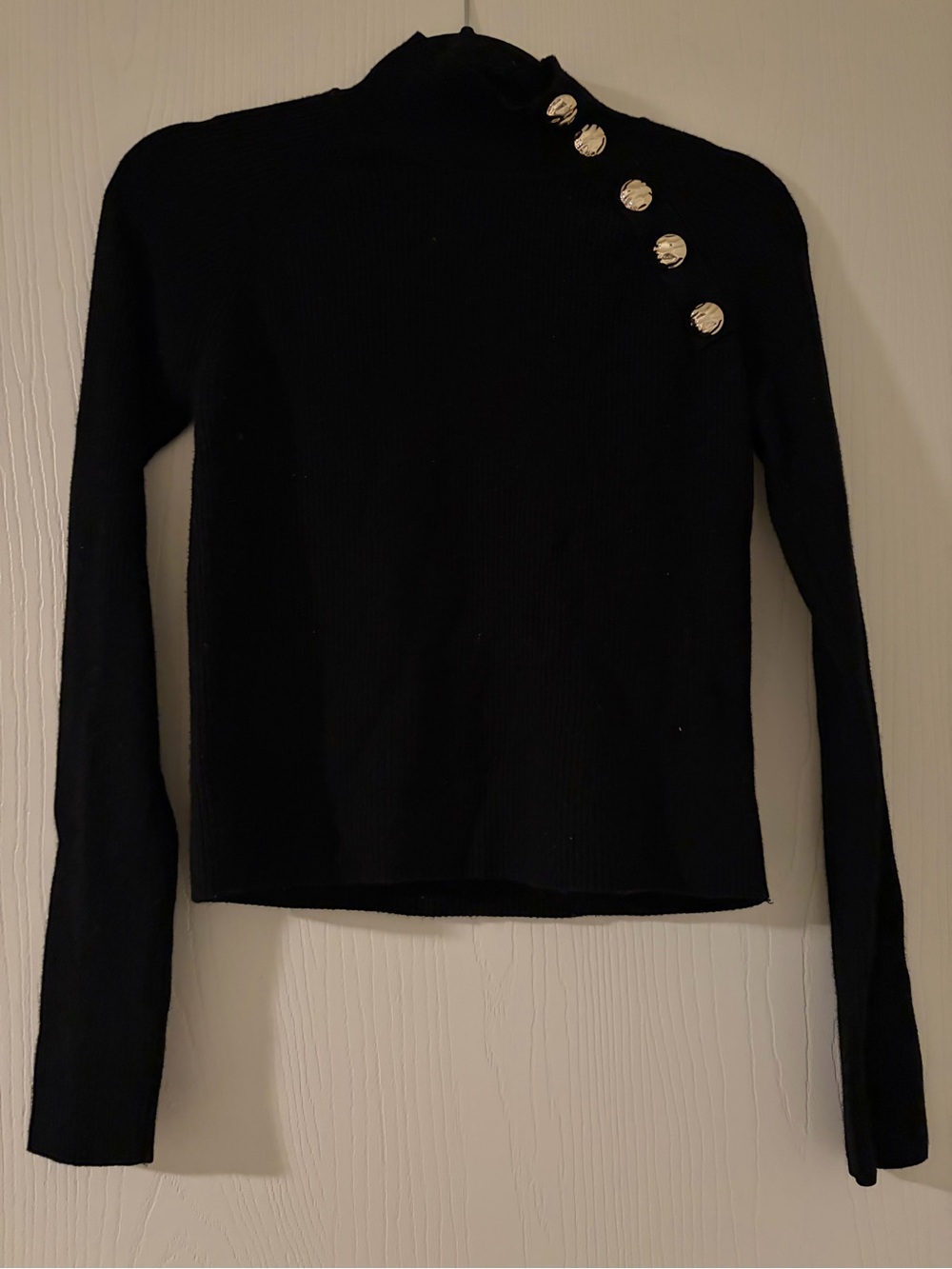 Zara Black Ribbed Mock Neck Sweater with Gold Buttons